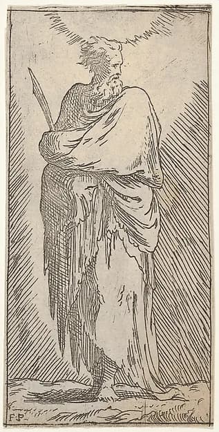 St. Bartholomew, standing in frontal view with head facing to right and holding martyr's palm with both arms, from "Christ and the Twelve Apostles" by Master F. P. depicting John 1