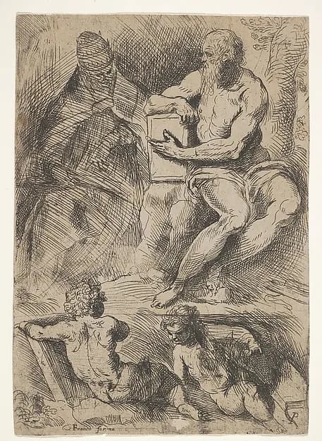 Sheet of studies with St. Jerome, seated at right and resting his right forearm on a book, at left an ecclesiastical figure wearing a cope and miter, and at bottom two putti by Jacopo Palma the Younger depicting Romans 8
