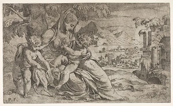 Seated Virgin and Child with Saint John the Baptist and a lamb on a hillside by Orazio Farinati depicting Matthew 3