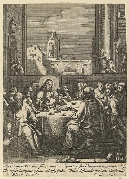 The Last Supper, from "The Passion of Christ" by Nicolas Cochin depicting John 13