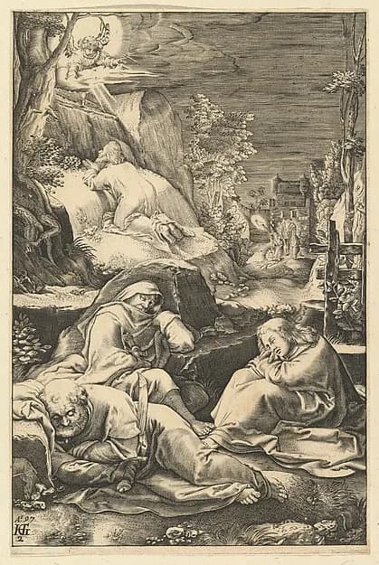 The Agony in the Garden, from "The Passion of Christ" by Abraham Hogenberg depicting Matthew 26
