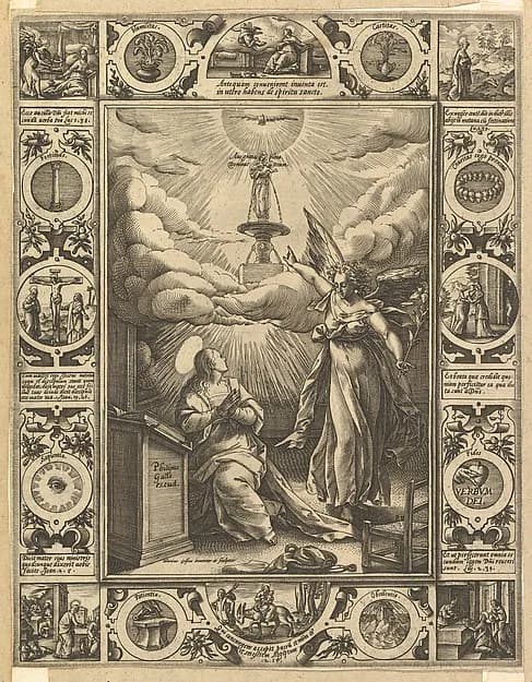Ave Maria, from "Allegorical Scenes on the Life of Christ, from Christian and Profane Allegories" by Hendrick Goltzius depicting Luke 1