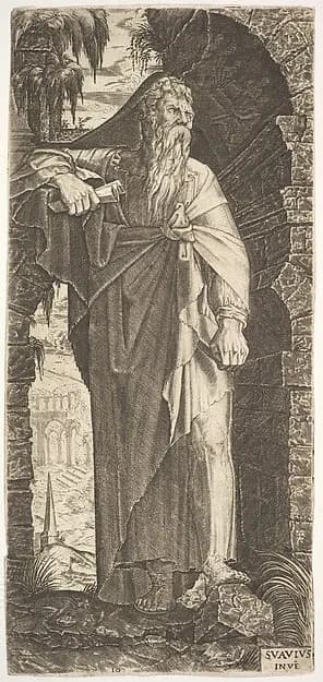 St. Paul standing under an overgrown arch, from "Christ and the Twelve Apostles" by Lambert Suavius depicting Acts 9