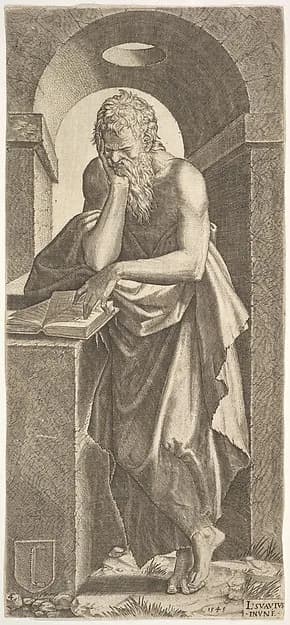 St. Simon standing before an open book with the fingers of his left hand pressed onto the pages, from "Christ and the Twelve Apostles" by Lambert Suavius depicting John 1