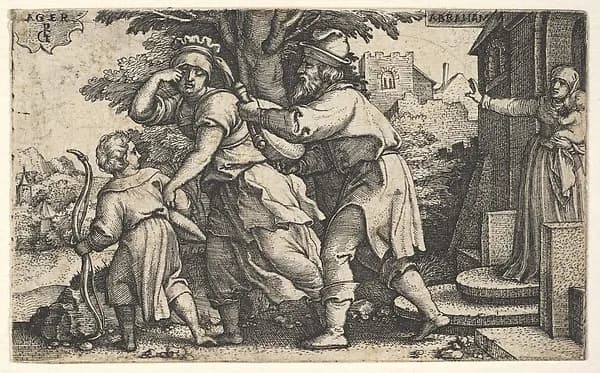 Abraham sending away Hagar and Ishmael: Abraham holds forth a vessel as Hagar and Ishmael stride before him, from "The Story of Abraham" by Georg Pencz depicting Genesis 18