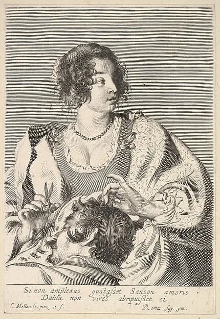 Delilah preparing to cut Samson's hair with scissors in her right hand, below her chest are the head and shoulders of the sleeping Samson by Claude Mellan depicting Judges 16