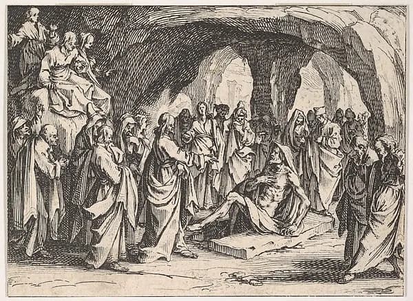 The Resurrection of Lazarus (La Resurrection de Lazare), set in a cave, from "The New Testament" (Le Nouveau Testament) by Jacques Callot depicting John 11