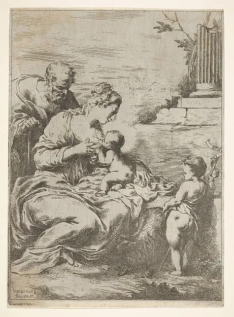 The Holy Family with the infant St John the Baptist at right by Bartolomeo Biscaino depicting Matthew 3