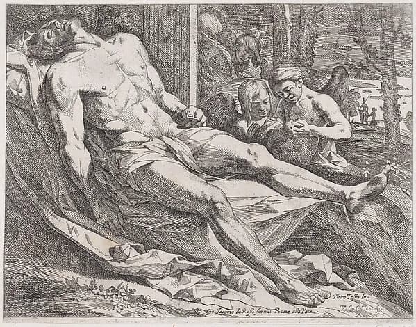 The dead Christ accompanied by angels at right by Giovanni Cesare Testa depicting John 1