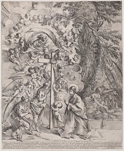 The dream of St Joseph, who is sleeping at the right, the Virgin and Child by a cross surrounded by angels and many putti and with God the Father above by Pietro Testa depicting Luke 2