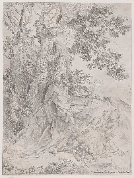 Saint Jerome before a crucifix accompanied by a lion and three putti by Pietro Testa depicting Romans 8