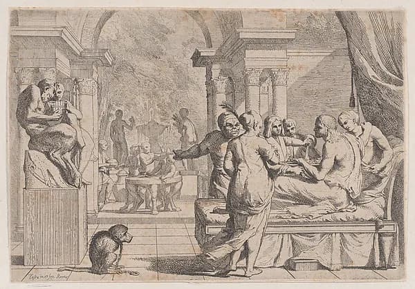 The prodigal son seated on a couch being served wine, revelers in the background, a monkey wearing a collar and chain in the lower left, from a series of four prints by Pietro Testa depicting Luke 15