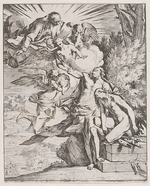 The sacrifice of Isaac by his father Abraham by Pietro Testa depicting Genesis 18