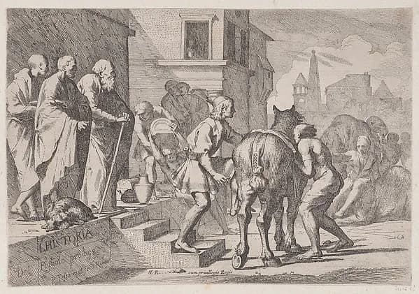 The departure of the prodigal son, shown at about to mount his horse, from a series of four prints by Pietro Testa depicting Luke 15