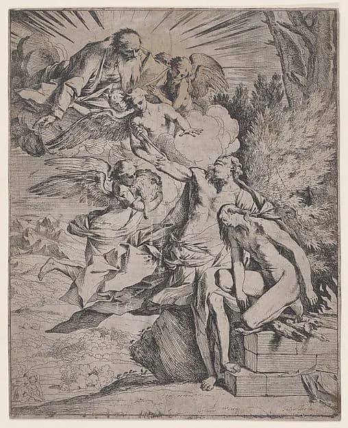 The Sacrifice of Isaac by his Father Abraham by Pietro Testa depicting Genesis 18