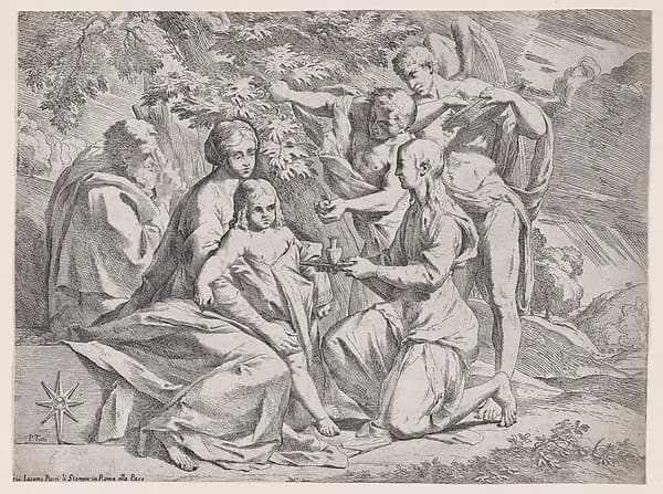 The Holy Family attended by Angels by Pietro Testa depicting Luke 2