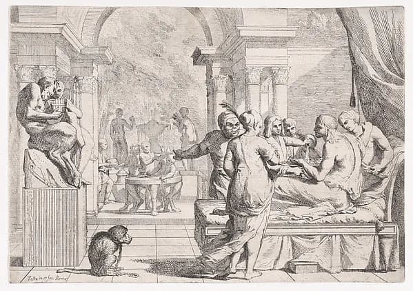The Prodigal Son Seated on a Couch Being Served Wine, Revelers in the Background, a Monkey Wearing a Collar and Chain in the lower left by Pietro Testa depicting Luke 15