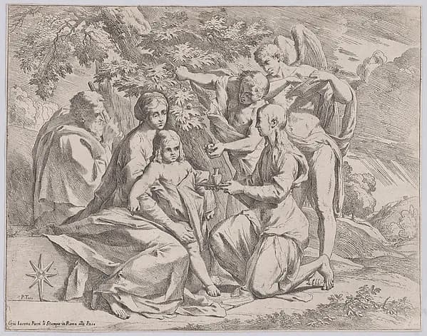 The Holy Family fed by Angels by Pietro Testa depicting Luke 2