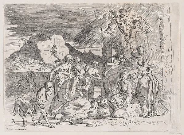 The adoration of the shepherds who gather at left, angels holding a banderole upper right by Anonymous, 18th century depicting Luke 2