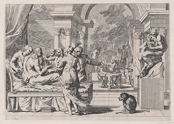 The prodigal son seated on a couch being served wine, revelers in the background, a monkey wearing a collar and chain in the lower right by Anonymous, 17th century depicting Luke 15