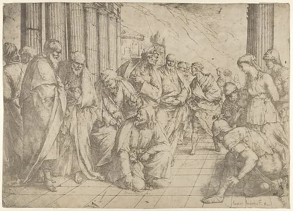 Christ kneels and writes on the pavement at center and a woman taken in adultery by three soldiers at right by Luca Giordano depicting John 1