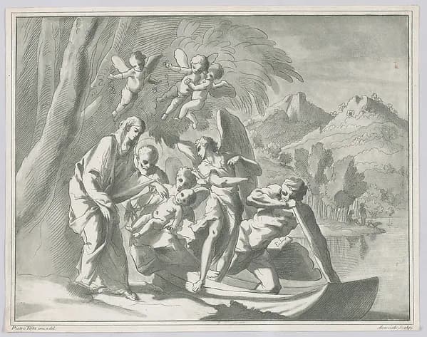 The rest on the flight into Egypt (from A Collection of Etchings and Engravings in Imitation of Drawings from Various Old Masters) by Andrea Scacciati depicting Matthew 2