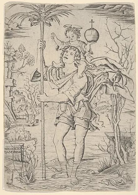 Saint Christopher with the Christ Child on his shoulder by Nicoletto da Modena depicting Luke 2