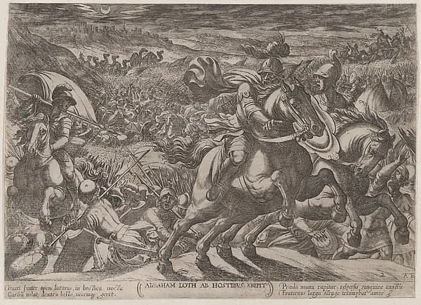 Plate 2: Abraham Liberating His Nephew Lot, from "The Battles of the Old Testament" by Antonio Tempesta depicting Genesis 18