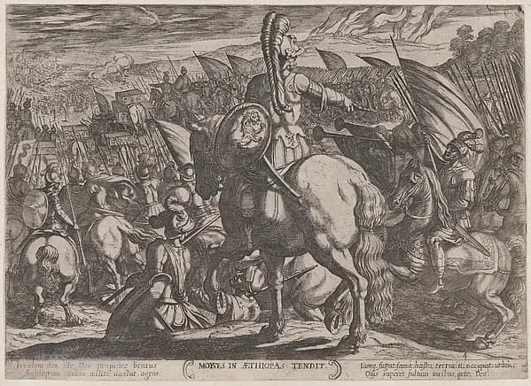 Plate 4: Moses Ordering the Israelites to Attack the Ethiopians, from "The Battles of the Old Testament" by Antonio Tempesta depicting Exodus 2