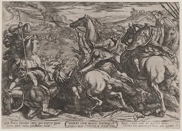 Plate 6: The Israelites Defeated by the Canaanites for Having Disobeyed Moses, from "The Battles of the Old Testament" by Antonio Tempesta depicting Exodus 2