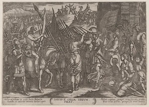 Plate 17: David Returning in Triumph with the Head of Goliath, from "The Battles of the Old Testament" by Antonio Tempesta depicting 1 Samuel 17