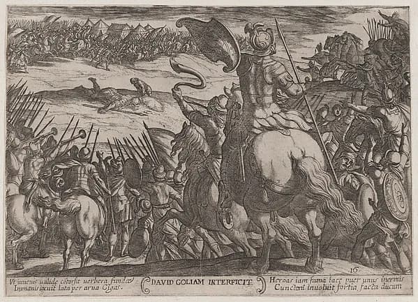 Plate 16: David Killing Goliath, from "The Battles of the Old Testament" by Antonio Tempesta depicting 1 Samuel 17