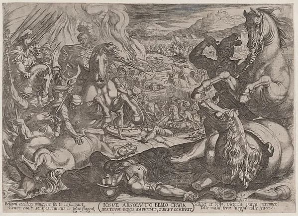 Plate 12: Joshua Mutilates his Enemies' Horses, from "The Battles of the Old Testament" by Antonio Tempesta depicting Joshua 6