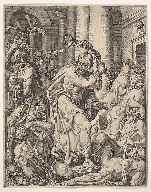 Christ Driving the Money Changers from the Temple, from "The Fall and Salvation of Mankind through the Life and Passion of Christ" by Maarten van Heemskerck depicting Matthew 21