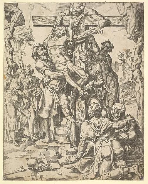 The Descent from the Cross, from The Fall and Salvation of Mankind through the Life and Passion of Christ, plate 27 by Dirck Volckertsz Coornhert depicting John 1