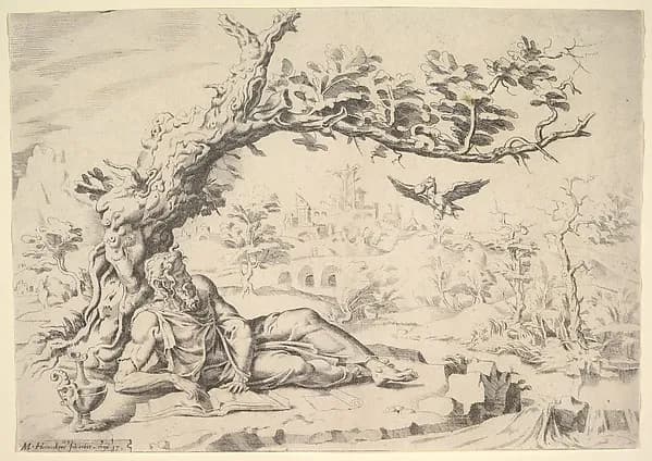 Elijah Fed by Ravens by Dirck Volckertsz Coornhert depicting 1 Kings 17