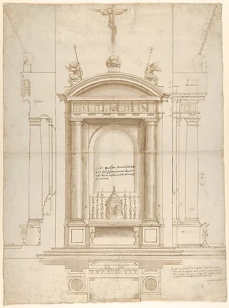 Design for an Altar Surmounted by a Crucifix in Four Different Views by Vincenzo de' Rossi depicting Matthew 27