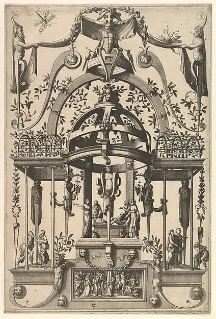 Surface Decoration, Grotesque with Strapwork, Burial Scene in the Tempietto, in the Bas Relief Esther before Ahasuerus from Veelderleij Veranderinghe van grotissen ende Compertimenten...Libro Primo by Cornelis Floris II depicting Esther 5