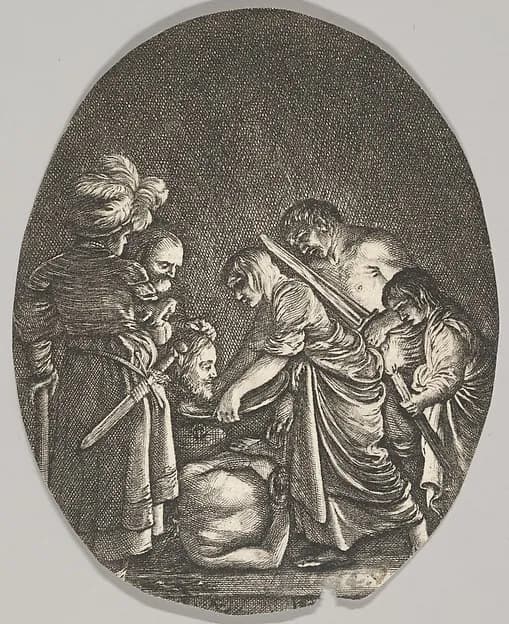 Salome receiving the head of John the Baptist, surrounded by three men and a child bearing a torch, the Baptist's body lies on the ground by Hendrick Goudt depicting Matthew 3