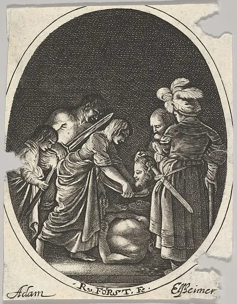 Salome receiving the head of John the Baptist, surrounded by three men and a child bearing a torch, the Baptist's body lies on the ground by Hendrick Goudt depicting Matthew 3