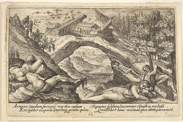 Aftermath of the Flood: human bodies strewn on dry land in the foreground, Noah's ark moored on a rocky outcrop beyond, from "Liber Genesis" by Crispijn de Passe the Elder depicting Genesis 7