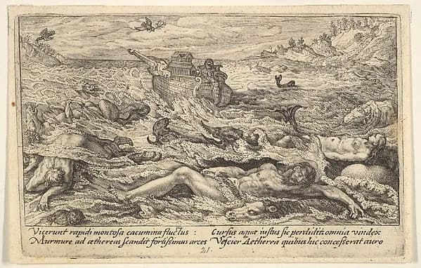 The Flood destroys life on earth: corpses of humans and animals adrift in the foreground, Noah's ark beyond and a flying dove holding a branch above, from "Liber Genesis" by Crispijn de Passe the Elder depicting Genesis 7