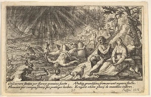 The beginning of the Flood: men and women climb to higher ground at right, water overtaking animals and people at left, Noah's Ark beyond, from "Liber Genesis" by Crispijn de Passe the Elder depicting Genesis 7