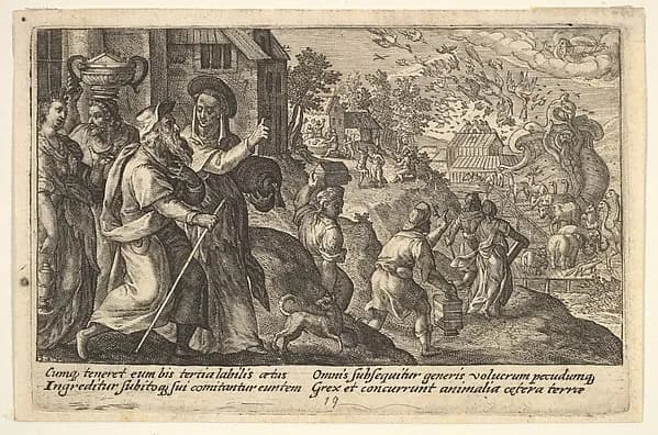 Entry into the ark: Noah and his family walk toward the ark in the background, pairs of animals walk up a ramp leading into the ark, from "Liber Genesis" by Crispijn de Passe the Elder depicting Genesis 7