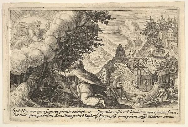Noah kneeling before God at left, the construction of the ark underway beyond, from "Liber Genesis" by Crispijn de Passe the Elder depicting Genesis 7