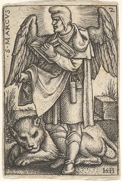 Saint Mark, his head turned in profile to the left, with an open book in his right hand and a lion at his feet, plate 2 from "The Four Evangelists" by Sebald Beham depicting Mark 1