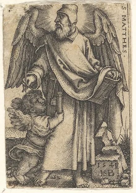 Saint Matthew with his head turned in profile to the left, a cherub at bottom left, plate 1 from "The Four Evangelists" by Sebald Beham depicting Matthew 1