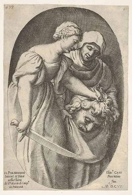 Judith with the head of Holofernes in her left hand and a sword in her right hand, accompanied by a female attendant, from a series of four Old Testament subjects by Oliviero Gatti depicting Judith 13