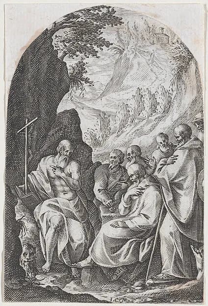 St. Jerome Instructing his Disciples in the Desert, plate 11 from "Les Tableaux de Rome, Les Eglises Jubilaires" (The Paintings of Rome, The Churches Jubilee) by Jacques Callot depicting Romans 8