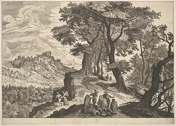 Landscape with Tobias and the Angel and Gypsies by Aegidius Sadeler II depicting Tobit 6